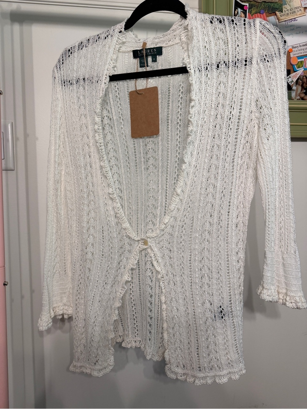 Vintage 100% linen Ralph Lauren Open Knit Crochet Off White Pointelle Cardigan